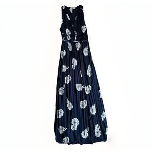 Japna Navy White Floral Maxi Braided Button Back Smocked Detail Dress Women’s S